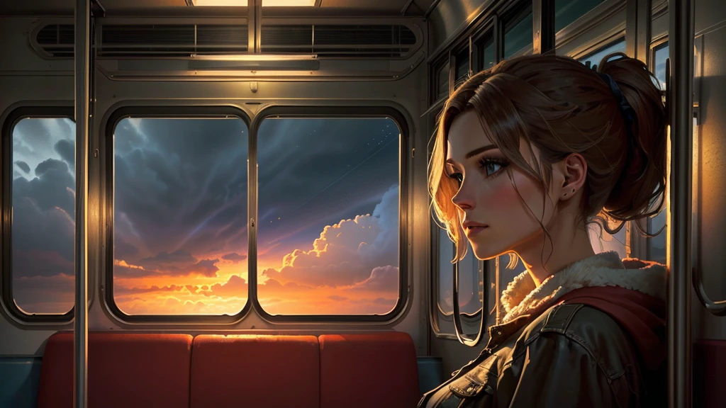 a woman sitting alone in a train carriage, looking out the window, cinematic video game cutscene, ps5 quality, 2020 video game screenshot, in-game cinematic footage, from a 2019 8k movie, realistic, photorealistic, high-quality, detailed facial features, beautiful eyes, detailed nose and lips, soft lighting, atmospheric scenery outside the window, dramatic lighting, cinematic composition, intricate details, vibrant colors, masterpiece