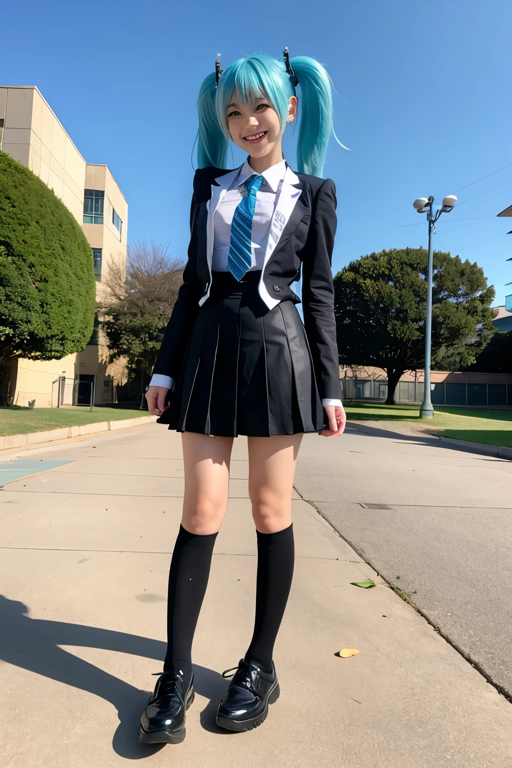 Empty school yard、Hatsune Miku-style cosplay、Hairstyle、Are standing、Cute face、Smiling、Full body portrait