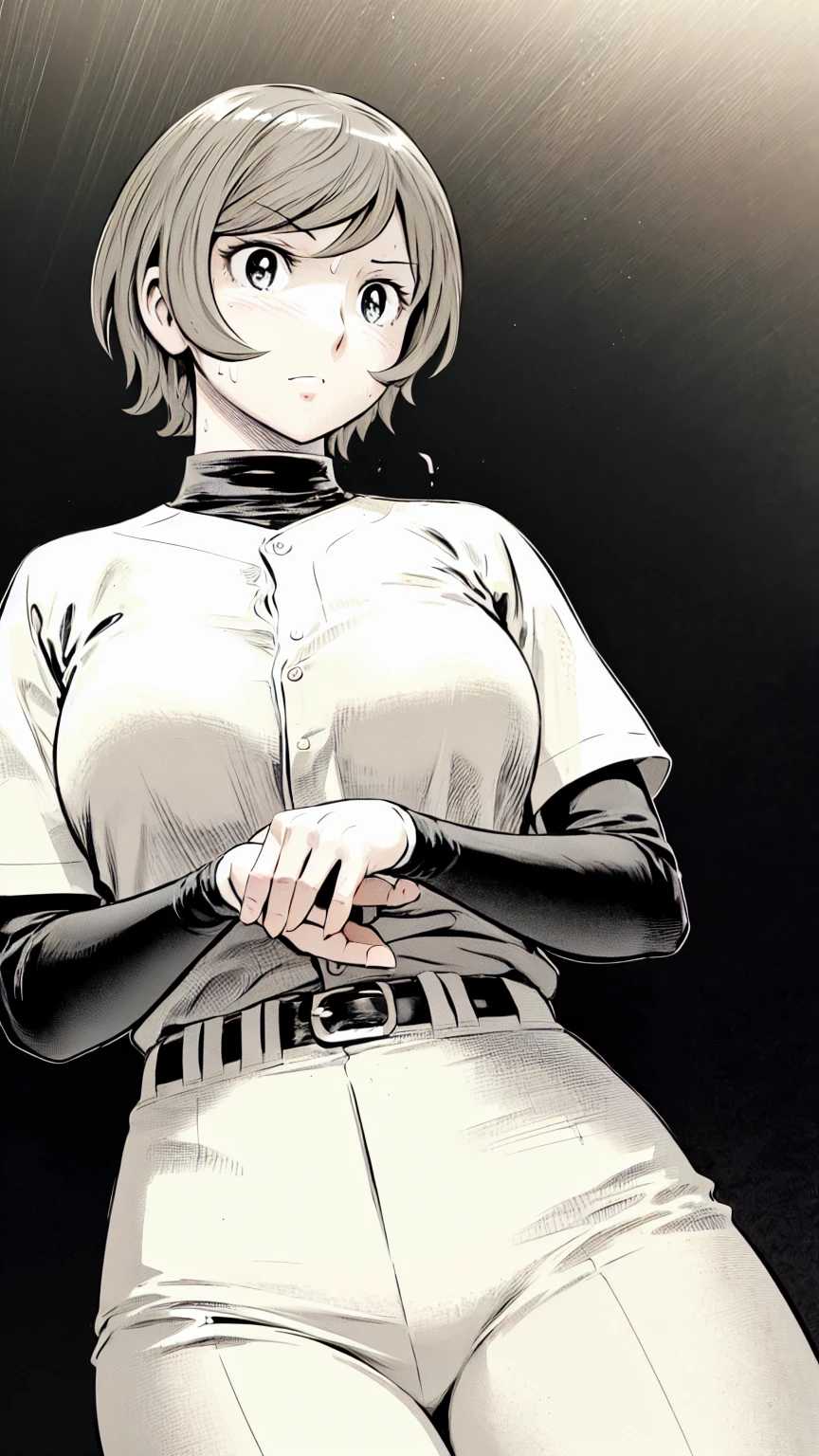 (野球uniform:1.2),
Blonde Hair, (short hair:1.2),Long sleeve, Black Shirt, turtleneck,White trousers、uniform、Black belt、((Illustration of people))、Big Boobs、
View Audience,, (Highest quality:1.3),One Girl, White pants、uniform、Outdoor、baseball ground、ground、soil、blue eyes、Tight black shirt、(masterpiece、Highest quality)、Highest quality, Ultra-high resolution, (((masterpiece))), alone, Sweat、Big eyes、Big Breasts、One Girl, Front view、Embarrassed face、Bronze colored hair、((short hair))、Stand up straight
