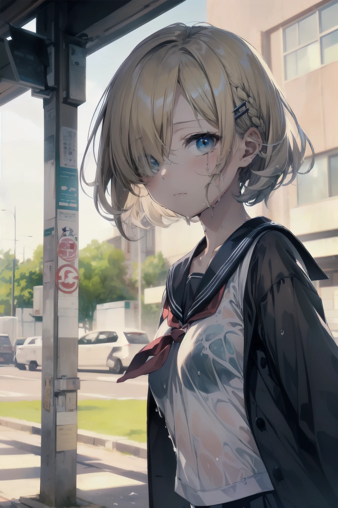 Heavy rain,outdoors,highest quality, anime moe art style,Best Anime 8K Kona-chan Wallpaper,Pixiv contest winners,perfect anatomy, (Please draw a girl walking sleepily to school),break, 1 girl, (13 years old:1.4),high school student, short hair, amount, (hair above one eye:1.9),All limbs, full finger,medium breasts, between legs, small eyes,Precise blue eyes,hair clip, (sailor suit:1.5),(school uniform:1.5) ,(wet clothes),skirt,On the way to school,break,Super detailed,High resolution,super dense skin,professional lighting,8K eye details,(cute illustration:1.2),blonde hair,(wet hair:1.4),(bra visible through clothes),No expression,(hair above one eye:1.2),(Tears of Joy),towel