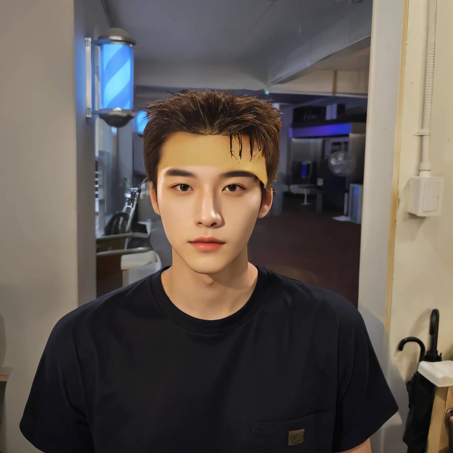 Put your hair up short and change your face into that of a regular, surreal Korean man. Your skin should look natural and realistic with its subtle texture and imperfections. Put him on a modern design. The t-shirt should have black and realistic fabric details and shadows."