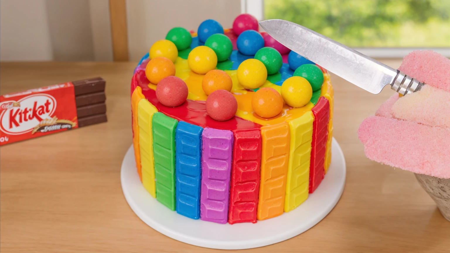 on a wooden table, on a white porcelain plate, a tiny cake, the walls of the cake are made of multi-colored chocolate bars, on top are multi-colored cream stripes, multi-colored candies in the form of balls bright lights, kitkat on the table, toy knife, soft light, window light, professional lighting, light from the window, neat light, realistic texture, realistic style, detailed texture, high quality, high resolution, high quality rendering, realistic photo, brightning light, macro photo
