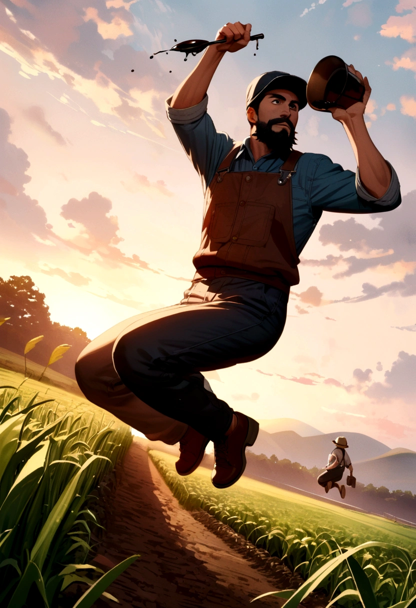 FARMER, short black hair, WITH AN OIL DRIPPER IN HAND, YOUNG, WITH BLACK BEARD AND CAP, JUMPING