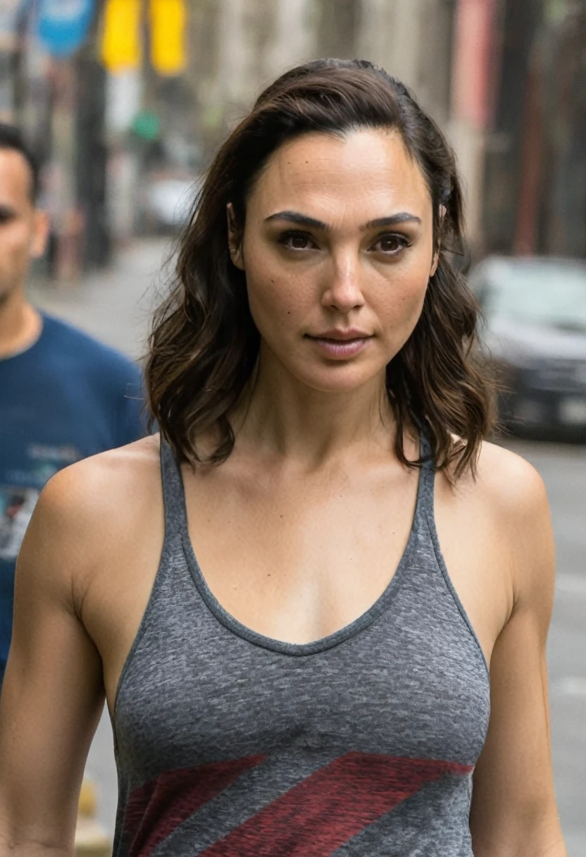  high quality random  paparazzi shot  (GalGadot  , housewife , mother, slim fit figure, flat breast , random angle, broad shoulders ) walking , jogging street, sweaty ,tired, oily skin, random erotic photograph , she is wearing a multicolored lose big  tshirt , random move ,seductive, tired woman  ( depth of field, insanely detailed skin texture, ultra  detailed face, hyper detailed features )