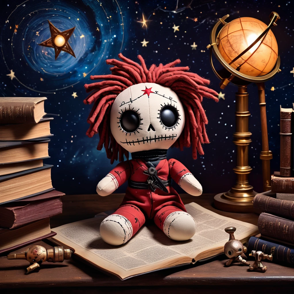 (knitted toy voodoo doll:1.7), (Voodoo Cursed Astronomer:1.3), (clothes Tattered robe, telescope, star map:1.0), (in the background Abandoned observatory, dusty books, stars on the ceiling:1.3), best quality, masterpiece, detailed soft oil painting, detailed background, dramatic cinematic lighting, soft edge lighting, professional, dramatic lighting, hard edge lighting, ultra quality, 4k,masterpiece, best quality, 8k, ultra highres, highres, extremely detailed