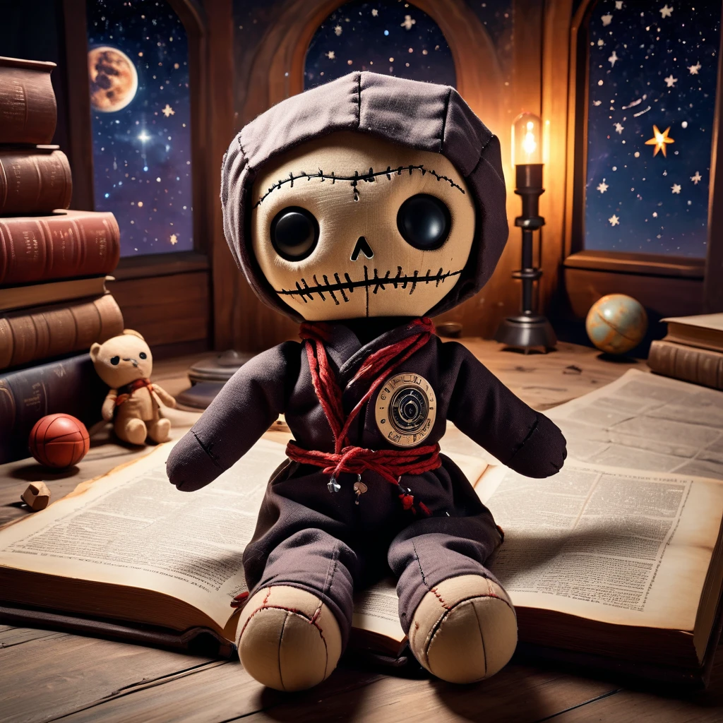 (knitted toy voodoo doll:1.7), (Voodoo Cursed Astronomer:1.3), (clothes Tattered robe, telescope, star map:1.0), (in the background Abandoned observatory, dusty books, stars on the ceiling:1.3), best quality, masterpiece, detailed soft oil painting, detailed background, dramatic cinematic lighting, soft edge lighting, professional, dramatic lighting, hard edge lighting, ultra quality, 4k,masterpiece, best quality, 8k, ultra highres, highres, extremely detailed