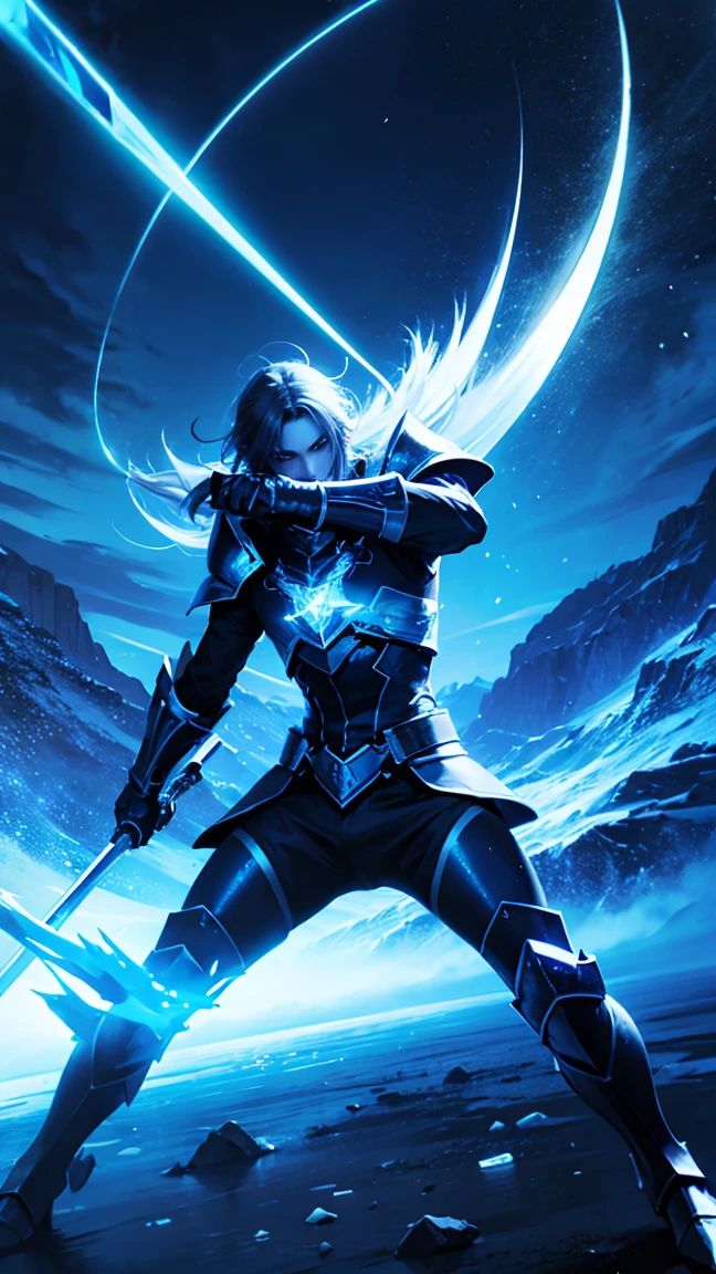 Blue twin swords with an ice aura and ice background,HD lighting and dark )<=(epic image quality)dark atmosphere with bright particle light(many effects in background)