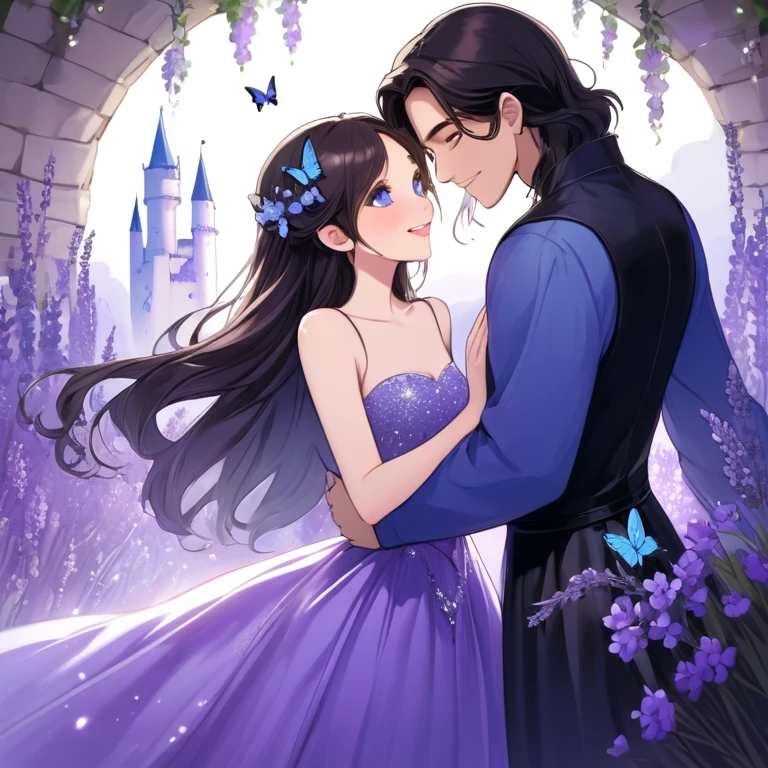 couple, blue castle, butterfly, kising, woman with black eyes, black long hair, lavender gown, man with crystal blue eyes, white skin, short dark brown hair,  smile, crysant purple flower