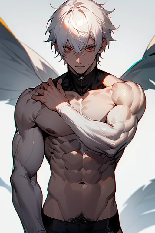 male、White Hair、Short Hair、Red Eye、Cold-blooded man、Handsome、Cold Face、Well-formed face、Well-built、Upper body naked、Physical Beauty、Tightened、Underwear with less fabric area、pants、pants1枚、pubic hair、Crotch hair(just a little)、Not hidden、Black underwear、Sexy、Same as hair color、白いpubic hair、Just a little、