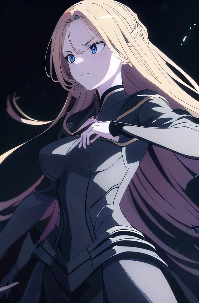 Create an anime-style illustration of a beautiful female character embodying a dynamic light and dark theme. She stands gracefully in a gorgeous pose, her elegance enhanced by contrasting elements of light and shadow. The entire frame is enveloped in a dark, black background, accentuating the character's striking presence and ethereal beauty