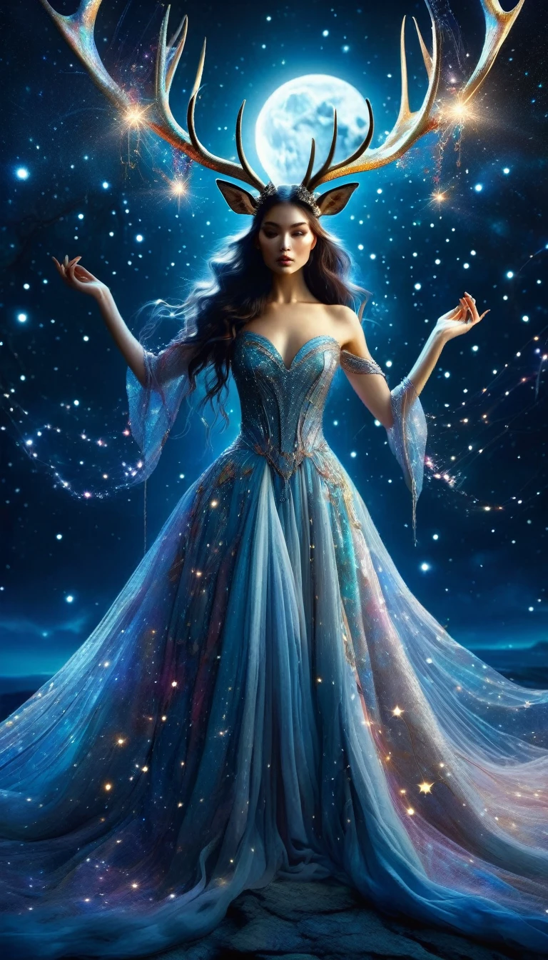 a beautiful young woman with deer horns, wearing a magical dress, standing in a night sky with the moon and stars, magical lights coming out of her hands, (best quality,4k,8k,highres,masterpiece:1.2),ultra-detailed,(realistic,photorealistic,photo-realistic:1.37),fantasy,magic,mystical,ethereal,intricate details,vibrant colors,dramatic lighting,cinematic composition,moody atmosphere,Brian Froud,Carne Griffiths,Wadim Kashin inspired