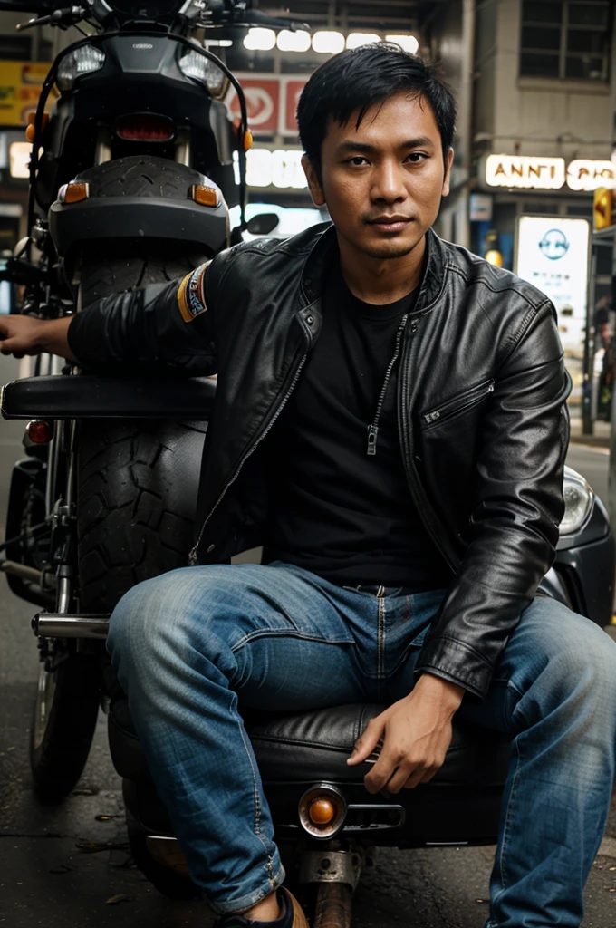 An online motorcycle taxi driver named Indra Saputra sits on a motorbike wearing a jacket
