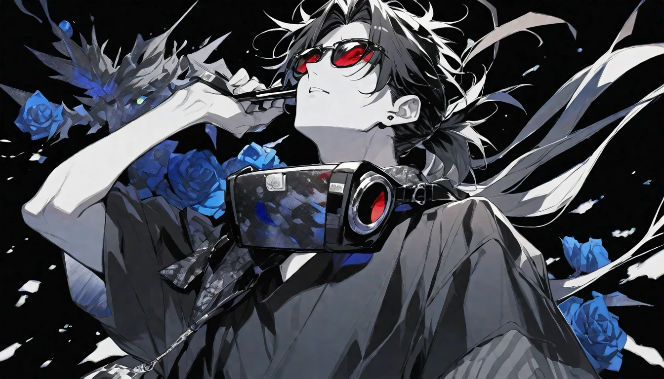 Solo,handsome, monochrome,watercolor,1 male, Ponytail, Braided black hair, red eyes, Gojo Satoru,casual,Blue Rose Tattoo,black Oversized 服,casual,Stylish,cool,Wear sunglasses around your neck,Void,look up,
blackbackground,İcon,Despise face up