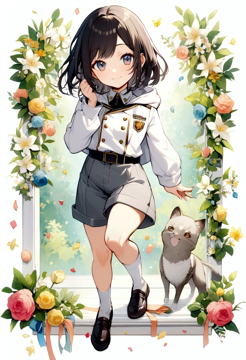 Girl,Silver Bob,blue eyes,birthday,whole body,White hoodie,Grey shorts,smile,older sister,Long black hair brown eyes,uniform