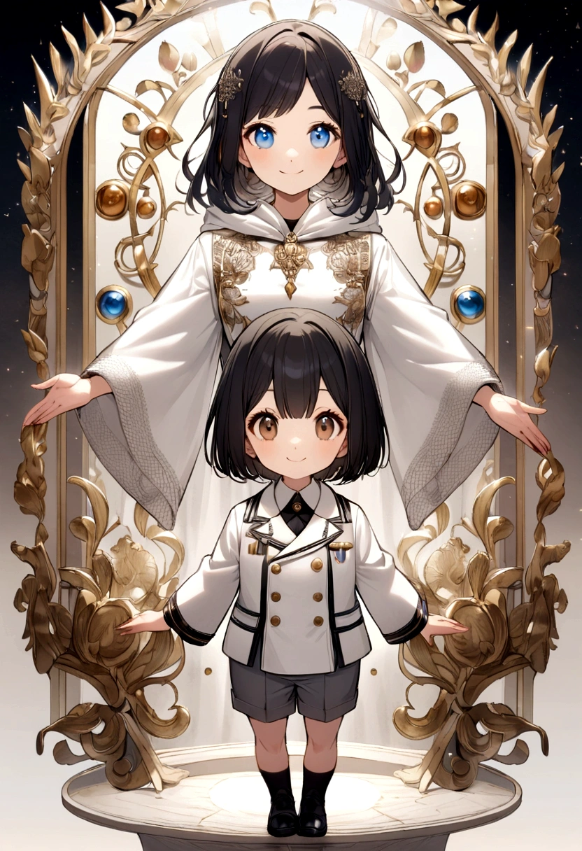 Girl,Silver Bob,blue eyes,birthday,whole body,White hoodie,Grey shorts,smile,older sister,Long black hair brown eyes,uniform