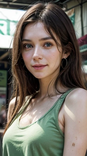 White woman, 35 years old, Brown hair, long hair, messy hair, Nice face, simetric face, Green eyes, Nice body, cute, shy, green tank top, smile, earrings, fruit market