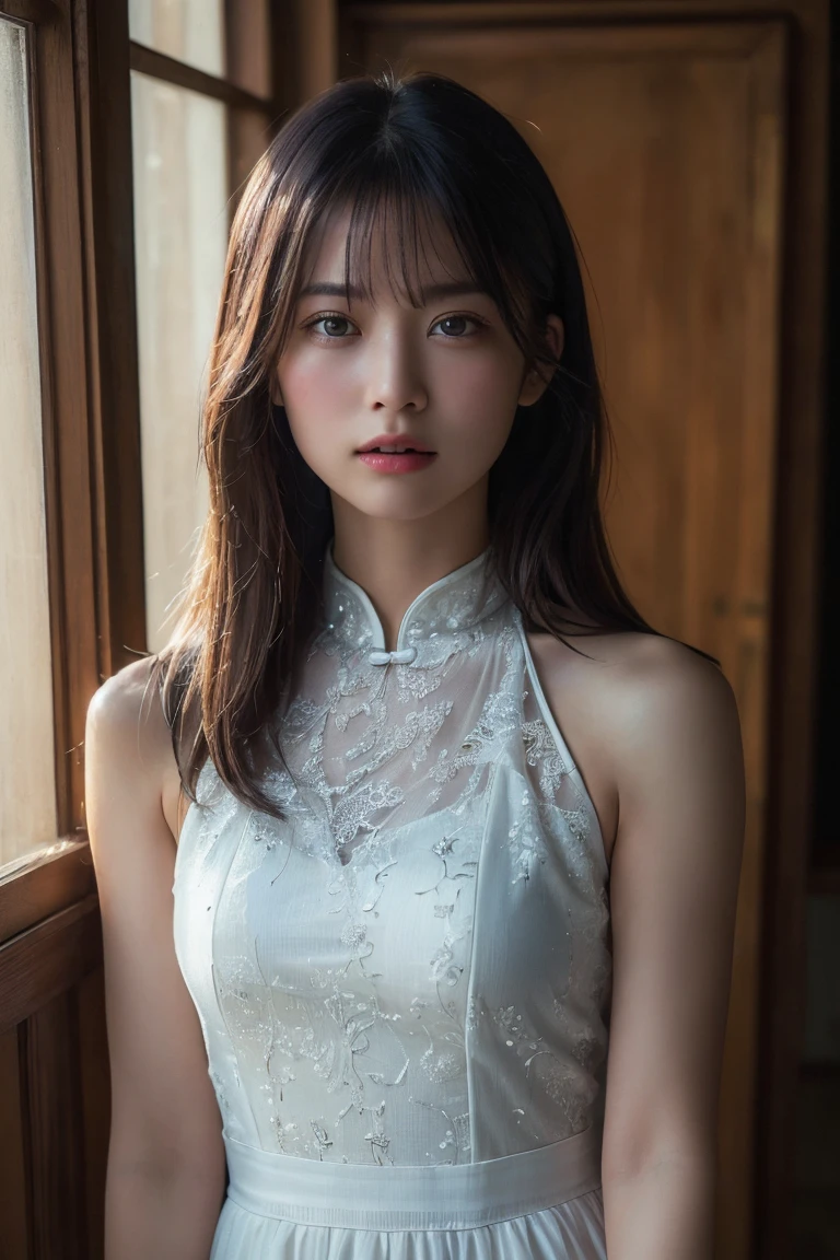 (Highest quality:1.4),(masterpiece:1.4),(Realistic:1.4),(Realistic:1.2),(超High resolution, RAW Photos:1.4),(High resolution, Ultra-detailed:1.2),(8K:1.2),Movie Photos,a photo of a dark-haired,One girl,alone,wear ,((China dress))、((Upper Body:1.3))