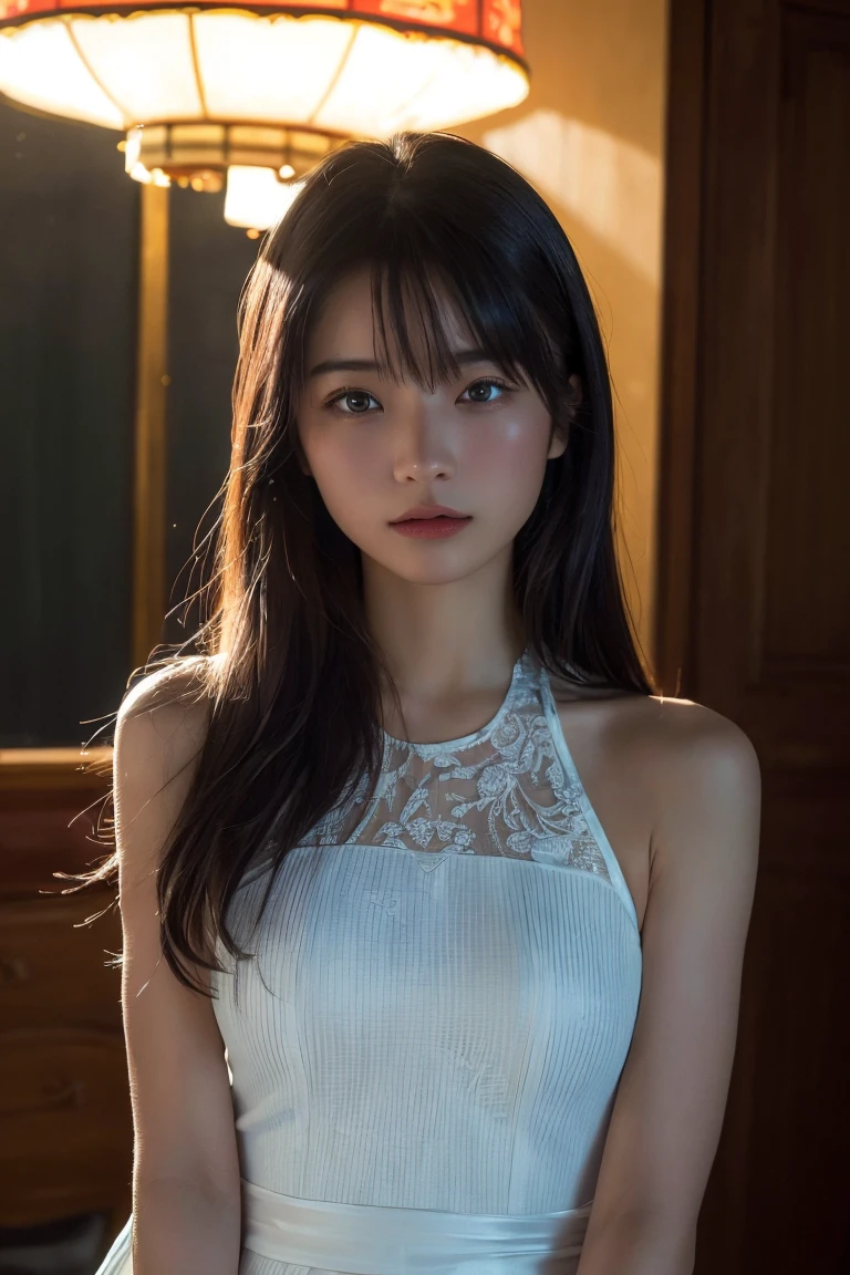 (Highest quality:1.4),(masterpiece:1.4),(Realistic:1.4),(Realistic:1.2),(超High resolution, RAW Photos:1.4),(High resolution, Ultra-detailed:1.2),(8K:1.2),Movie Photos,a photo of a dark-haired,One girl,alone,wear ,((China dress))、((Upper Body:1.3))