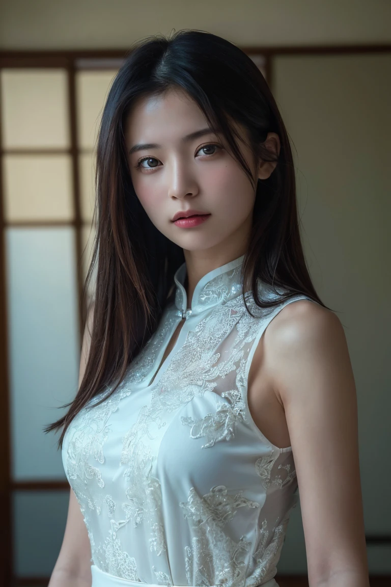 (Highest quality:1.4),(masterpiece:1.4),(Realistic:1.4),(Realistic:1.2),(超High resolution, RAW Photos:1.4),(High resolution, Ultra-detailed:1.2),(8K:1.2),Movie Photos,a photo of a dark-haired,One girl,alone,wear ,((China dress))、((Upper Body:1.3))
