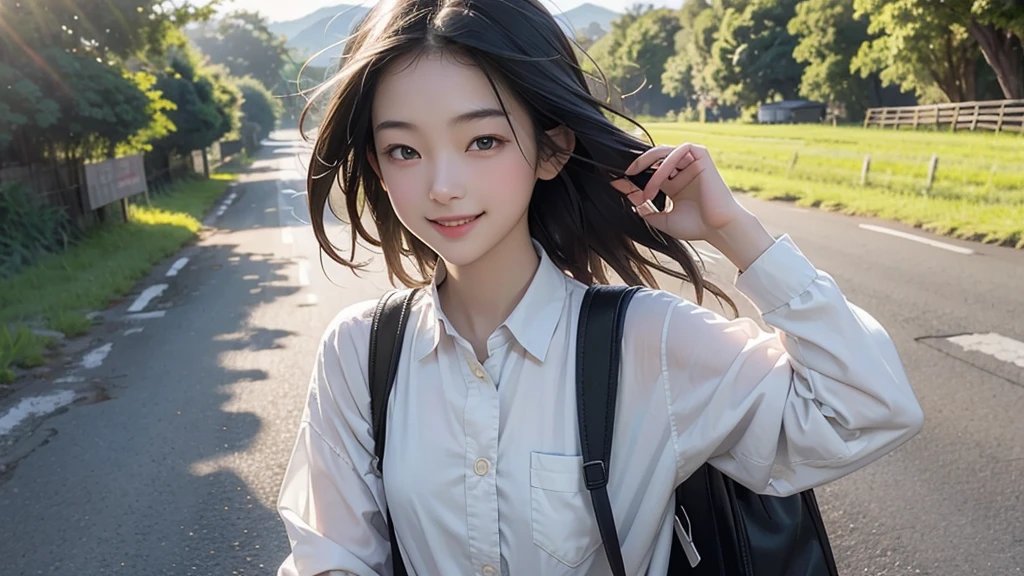 8K、RAW Photos、Highest quality、Super detailed、Super Resolution、Ultra HD、8K壁紙、Amazing details summer、evening、sunset、A rural road lined with rice fields、Paved roads、Woman walking on a country road、 school girl in uniform、Drink water、School bag、Blue sky、Shining Sun、Water bottle、smile