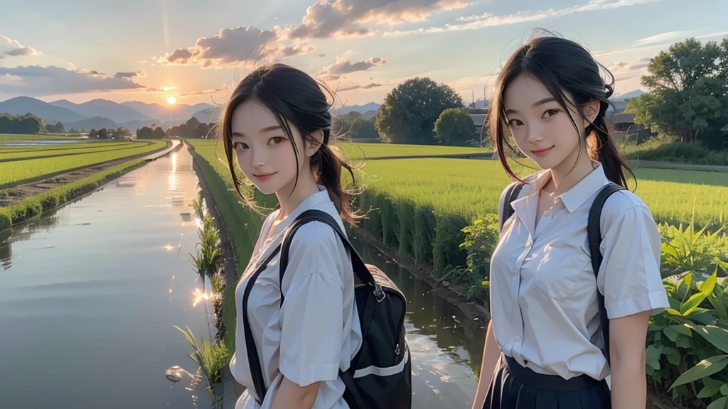 8K、RAW Photos、Highest quality、Super detailed、Super Resolution、Ultra HD、8K壁紙、Amazing details summer、evening、sunset、A rural road lined with rice fields、Paved roads、Woman walking on a country road、16 year old school girl in uniform、Drink water、School bag、Blue sky、Shining Sun、Water bottle、smile