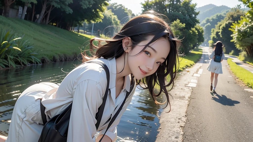 8K、RAW Photos、Highest quality、Super detailed、Super Resolution、Ultra HD、8K壁紙、Amazing details summer、evening、sunset、A rural road lined with rice fields、Paved roads、Woman walking on a country road、16 year old school girl in uniform、Drink water、School bag、Blue sky、Shining Sun、Water bottle、smile