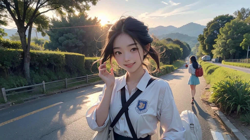 8K、RAW Photos、Highest quality、Super detailed、Super Resolution、Ultra HD、8K壁紙、Amazing details summer、evening、sunset、A rural road lined with rice fields、Paved roads、Woman walking on a country road、16 year old school girl in uniform、Drink water、School bag、Blue sky、Shining Sun、Water bottle、smile