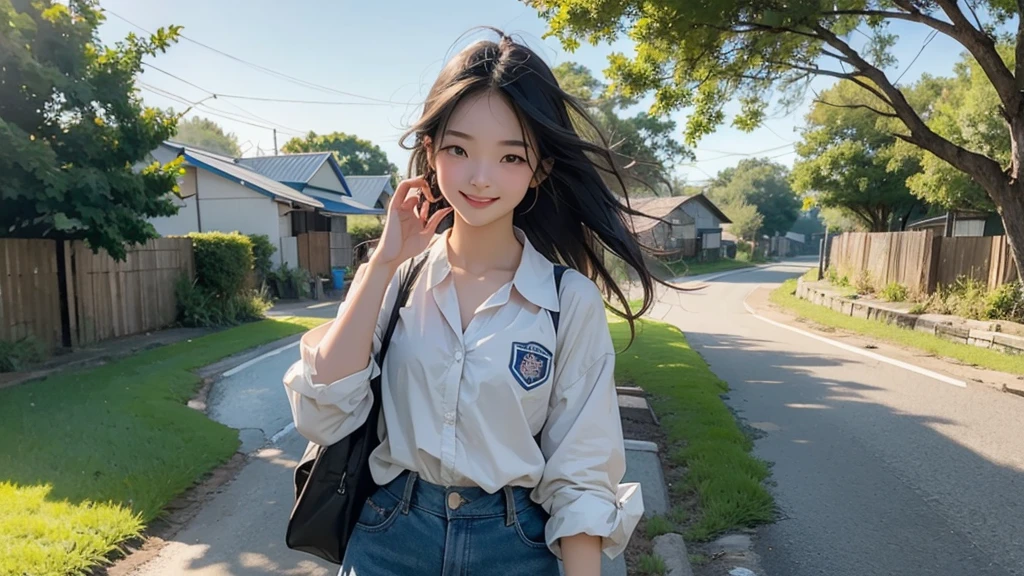 8K、RAW Photos、Highest quality、Super detailed、Super Resolution、Ultra HD、8K壁紙、Amazing details summer、evening、sunset、A rural road lined with rice fields、Paved roads、Woman walking on a country road、16 year old school girl in uniform、Drink water、School bag、Blue sky、Shining Sun、Water bottle、smile