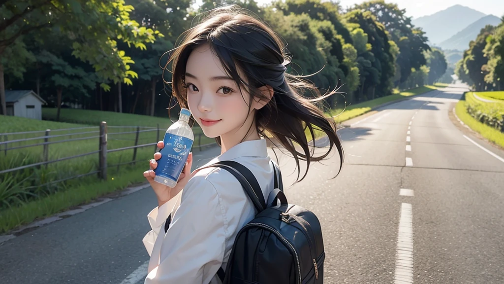8K、RAW Photos、Highest quality、Super detailed、Super Resolution、Ultra HD、8K壁紙、Amazing details summer、evening、sunset、A rural road lined with rice fields、Paved roads、Woman walking on a country road、16 year old school girl in uniform、Drink water、School bag、Blue sky、Shining Sun、Water bottle、smile