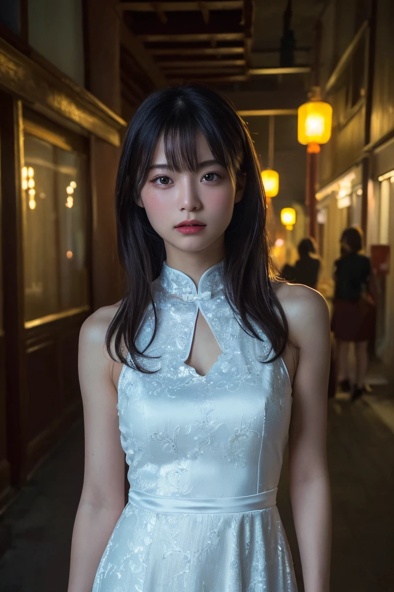 (Highest quality:1.4),(masterpiece:1.4),(Realistic:1.4),(Realistic:1.2),(超High resolution, RAW Photos:1.4),(High resolution, Ultra-detailed:1.2),(8K:1.2),Movie Photos,a photo of a dark-haired,One girl,alone,wear ,((China dress))、((Upper Body:1.3))