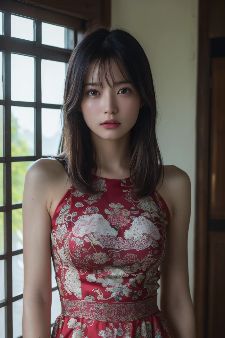 (Highest quality:1.4),(masterpiece:1.4),(Realistic:1.4),(Realistic:1.2),(超High resolution, RAW Photos:1.4),(High resolution, Ultra-detailed:1.2),(8K:1.2),Movie Photos,a photo of a dark-haired,One girl,alone,wear ,((China dress))、((Upper Body:1.3))