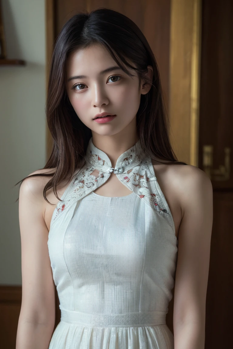 (Highest quality:1.4),(masterpiece:1.4),(Realistic:1.4),(Realistic:1.2),(超High resolution, RAW Photos:1.4),(High resolution, Ultra-detailed:1.2),(8K:1.2),Movie Photos,a photo of a dark-haired,One girl,alone,wear ,((China dress))、((Upper Body:1.3))