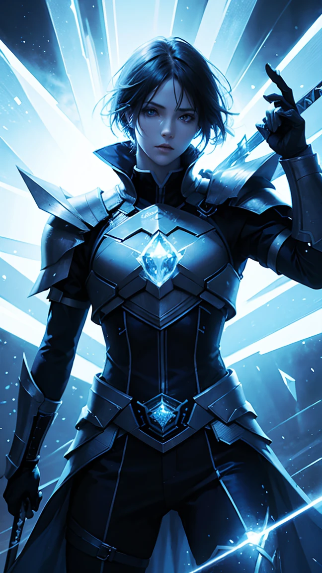 Blue twin swords with an ice aura and ice background,HD lighting and dark )<=(epic image quality)dark atmosphere with bright particle light(many effects in background)