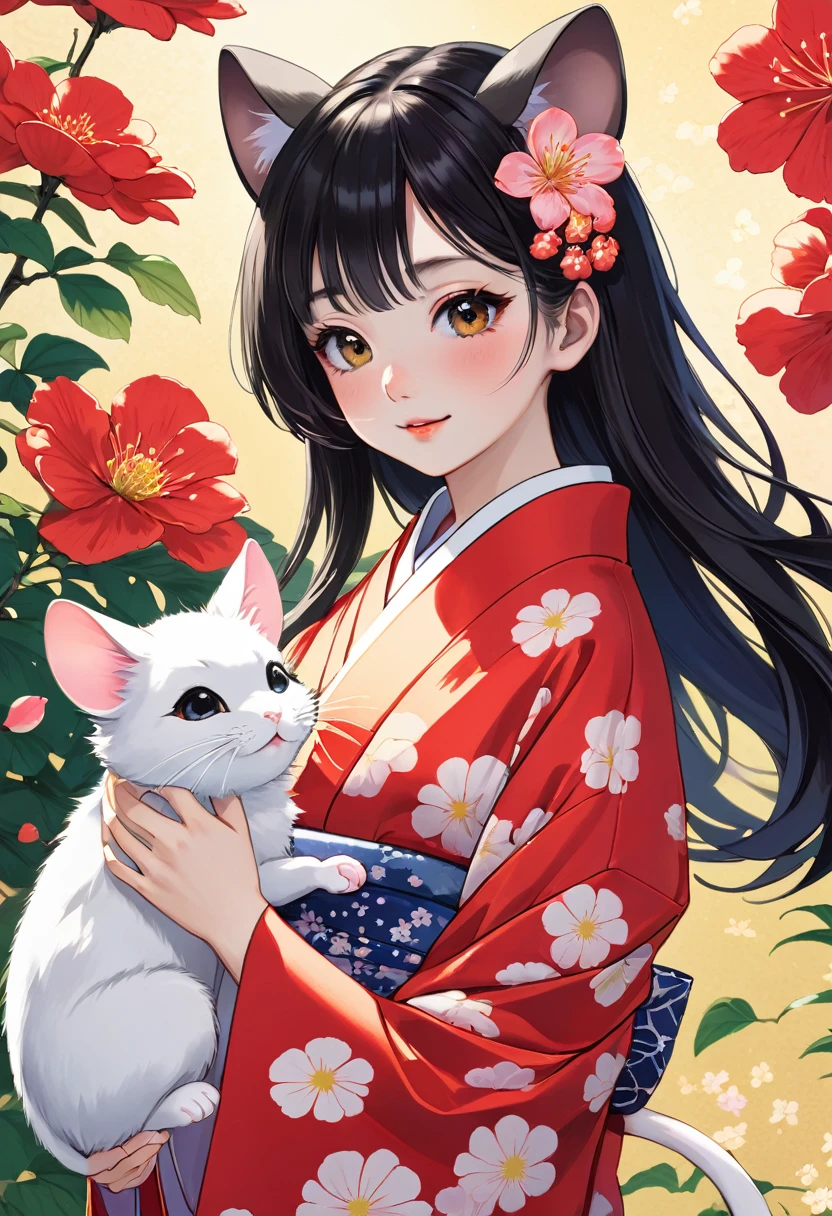 (Yumeji Takehisa style:1.5) , Hallucination, daydream , nightmare , Insane Dream , bokeh , erotica , romance , realistic mouse nymph and realistic cat , yukata , Petals fluttering down , Single eyelids, round nose, swollen cheeks , glossy lips , Collarbone , Disheveled Hair , Scorching Heat summer , (Roll up the hem with hands:1.5) , innocent smile , (dynamic dance)