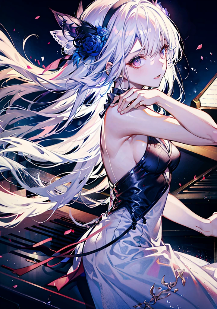 1 girl, solo, long hair, piano, musical instrument, black eyes, dress, white dress, white hair, looking at the audience, light particles, shut up, interior, jewelry, sleeveless, bare shoulders, bangs, from the side, playing piano music, body facing the piano, turning to look at the audience, black rose, beautiful detail eyes, detailed background, complex details, complex background, brilliant, light around the body, bright colors, wallpaper, super detailed CG