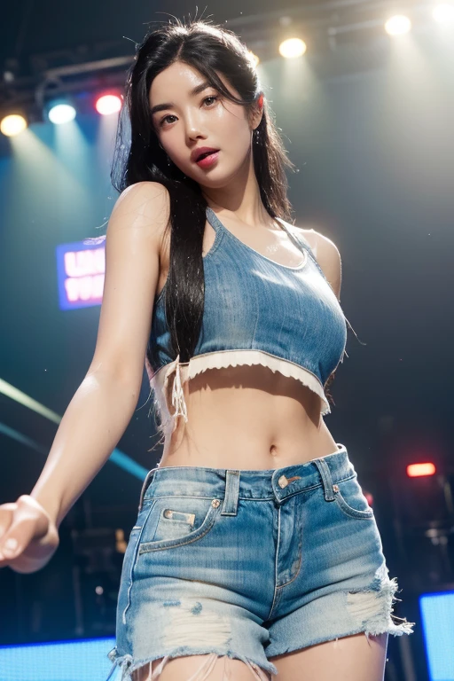 kwoneunbilora, black hair, black eyes, WATERBOMB, jean shorts, hot pants, beautiful body, Sky blue bikini with see-through top, dancing and singing on stage, wet, festival atmosphere