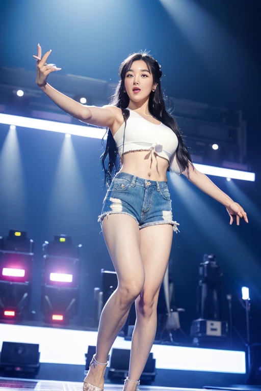 kwoneunbilora, black hair, black eyes, WATERBOMB, jean shorts, hot pants, beautiful body, Sky blue bikini with see-through top, dancing and singing on stage, wet, festival atmosphere