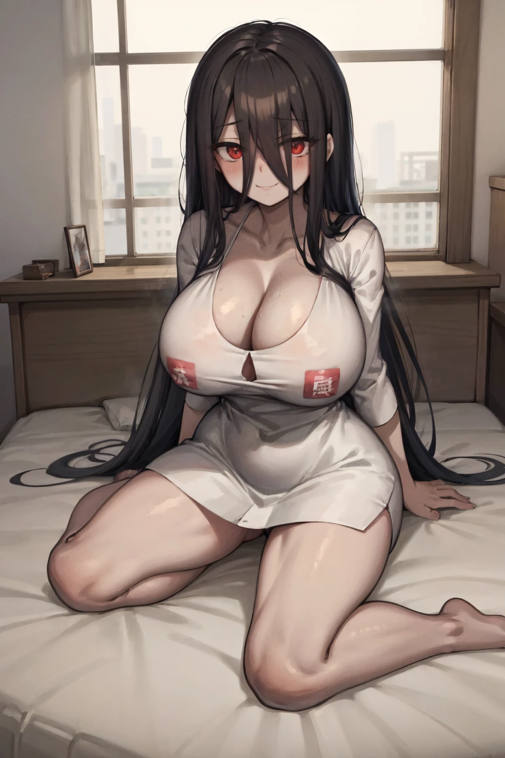 Yamamura Sadako has long hair, red eyes, hair covering eyes, red face, white clothes, smile, big breasts breast enlargement, sitting alone on the bed, full-body shot, looking at the camera, cute mature Japanese animation