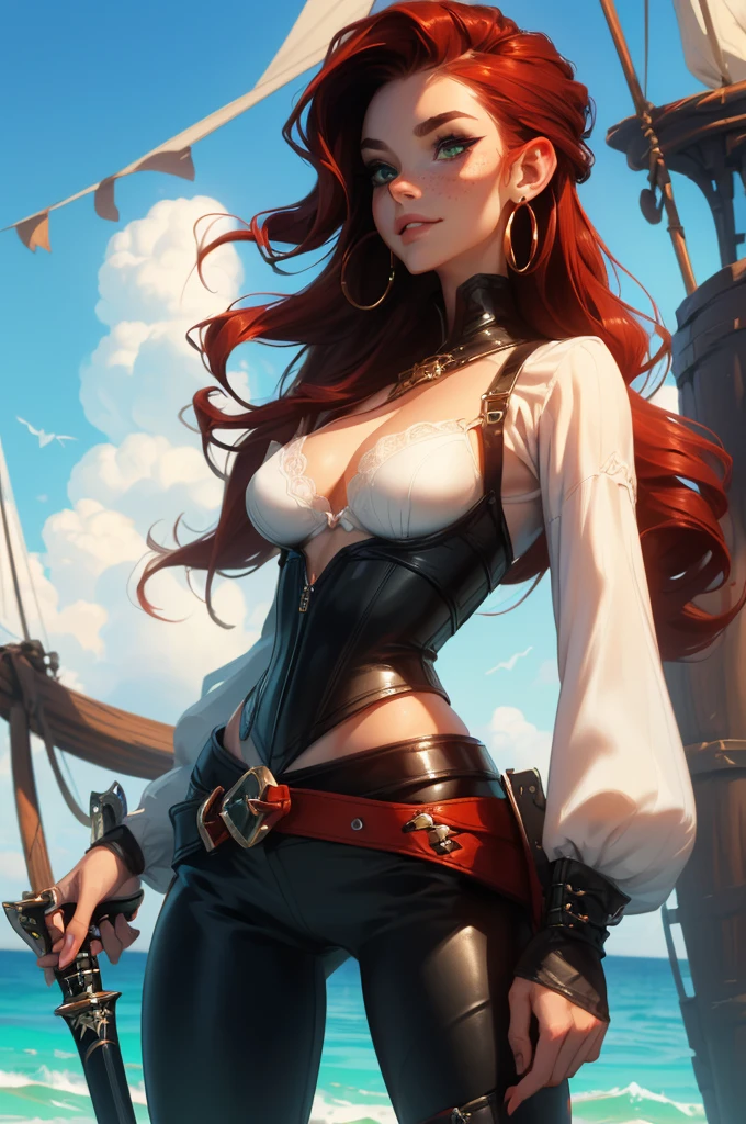 (masterpiece), best quality, expressive eyes, perfect face, (pirate ship background), (standing), (smirk), (closeup view), (1girl, , pale skin, freckled skin, dark red hair, wavy hairstyle, green eyes, hourglass figure, thin body, skinny body, petite_body, medium breasts, thick thighs, long fingernails, exposed bra, white front lace blouse, long sleeve, loose fit, black leather corset, black leather pants, black boots, sheathed cutlass sword, flintlock pistol in holster, hoop earrings, miscellaneous jewelry)