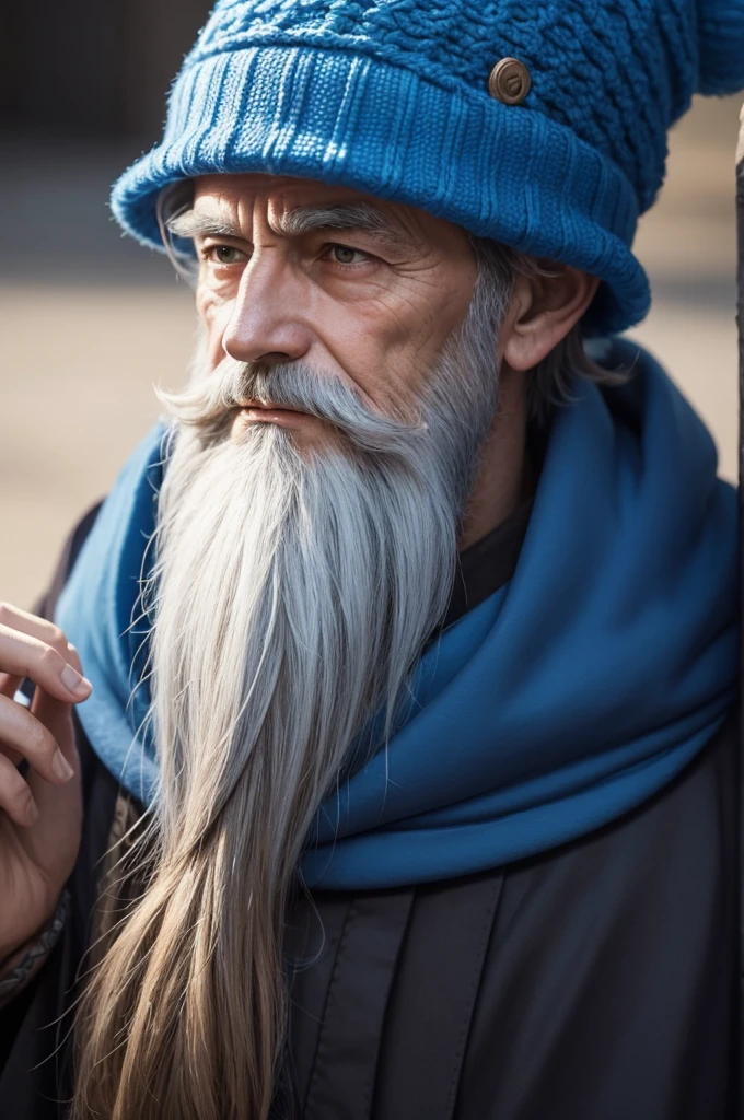 Bearded and hairy old wizard with blue hat