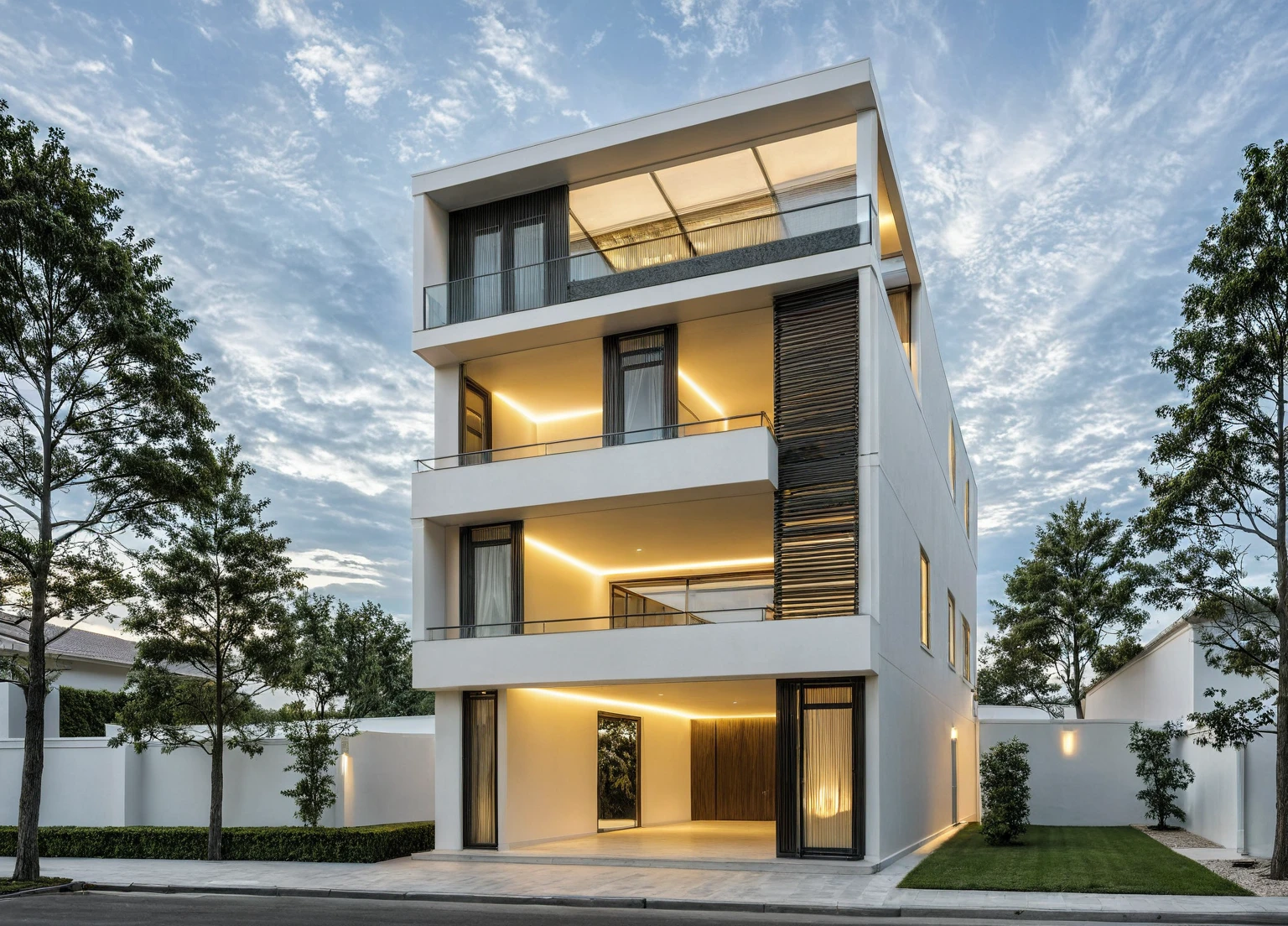 Masterpiece, high quality, best quality, authentic, super detail, outdoors, onestoreyvillaXL, aiaigroup, luxury neoclassic house style, on the street ,glass, stairs, white wall ,road,pavement, grass, trees, sky, cloud, (moutain background) (night light:1.1)
