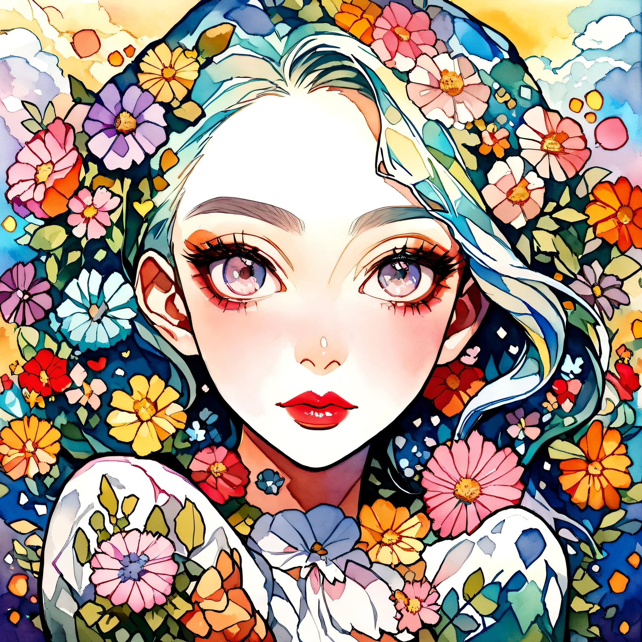 Mai Yoneyama Style、(((stylish fashion))), 8K Quality、Intense watercolor, Detailed watercolor art, Watercolor splash, Surreal, avant-garde pop art, Beautiful and expressive paintings, Beautiful artwork illustration, Very colorful tones, wonderful, Cool beauty, highest quality、Official Art, Vector art, Stylish design, (((The most beautiful girl))), (((highest quality))), HDR, ((detailed)), (((Doodle Art)), ((masterpiece)), ((Super detailed)), (((Colorful flowers))),(((Stylish))), Lips in love