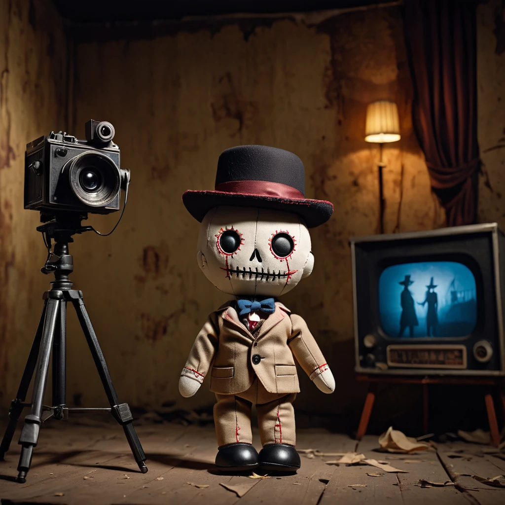(knitted toy voodoo doll:1.7), (Voodoo Ghost Film Director:1.3), (clothes Old-fashioned suit, hat, camera on tripod:1.0), (background Abandoned cinema, torn screens, shadows on the walls:1.3), best quality, masterpiece, detailed soft oil painting, detailed background, dramatic cinematic lighting, soft edge lighting, professional, dramatic lighting, hard edge lighting, ultra quality, 4k,masterpiece, best quality, 8k, ultra highres, highres, extremely detailed