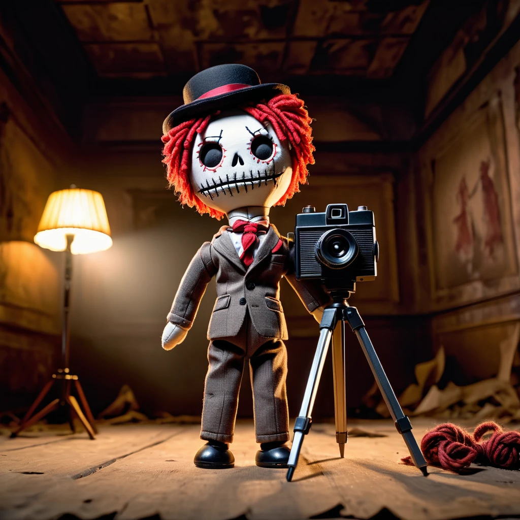(knitted toy voodoo doll:1.7), (Voodoo Ghost Film Director:1.3), (clothes Old-fashioned suit, hat, camera on tripod:1.0), (background Abandoned cinema, torn screens, shadows on the walls:1.3), best quality, masterpiece, detailed soft oil painting, detailed background, dramatic cinematic lighting, soft edge lighting, professional, dramatic lighting, hard edge lighting, ultra quality, 4k,masterpiece, best quality, 8k, ultra highres, highres, extremely detailed