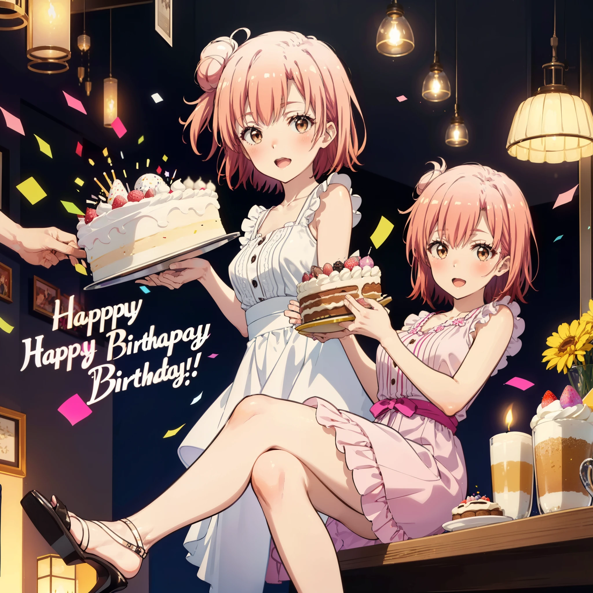 yuiyuigahama, yui yuigahama, short hair, (Brown eyes:1.5), (Pink Hair:1.2), Hair Bun, single Hair Bun, smile,blush,Open your mouth wide,Pink sleeveless dress,Long skirt,Stiletto heels,A birthday cake with lit candles,
,There is a round birthday cake on the desk.,Confetti,cracker,whole bodyがイラストに入るように,
break indoors, Party Venue,
break looking at viewer, whole body,
break (masterpiece:1.2), Highest quality, High resolution, unity 8k wallpaper, (figure:0.8), (Beautiful attention to detail:1.6), Highly detailed face, Perfect lighting, Highly detailed CG, (Perfect hands, Perfect Anatomy),
