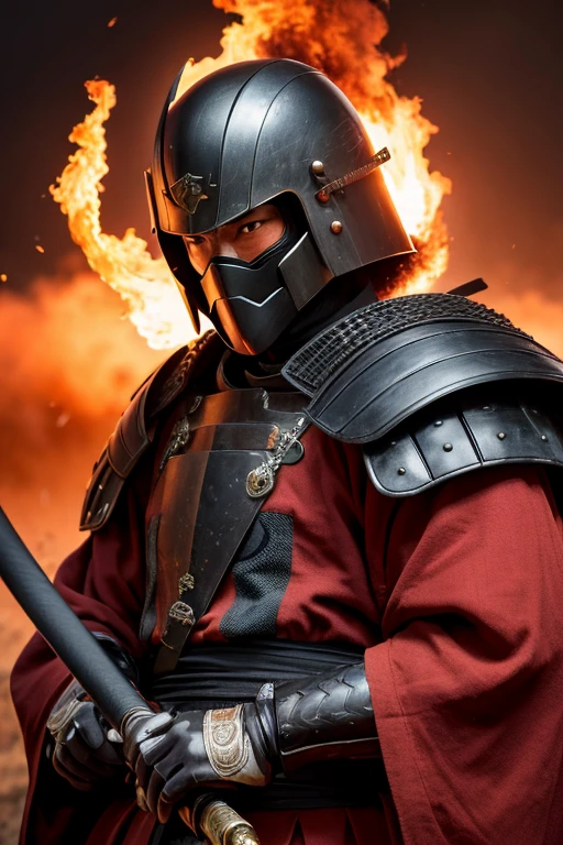 8k, Ultra-high resolution, Highest quality, masterpiece, Surreal, photograph,A fierce Japanese warlord, garbed in blood-red armor, emerges from the smoke and dust of the Sengoku battlefield, his katana gleaming under the fiery sunset. The warlord's face should be obscured by his helmet, adding to the sense of mystery and power. --ar 9:16 --style raw --stylize 250
