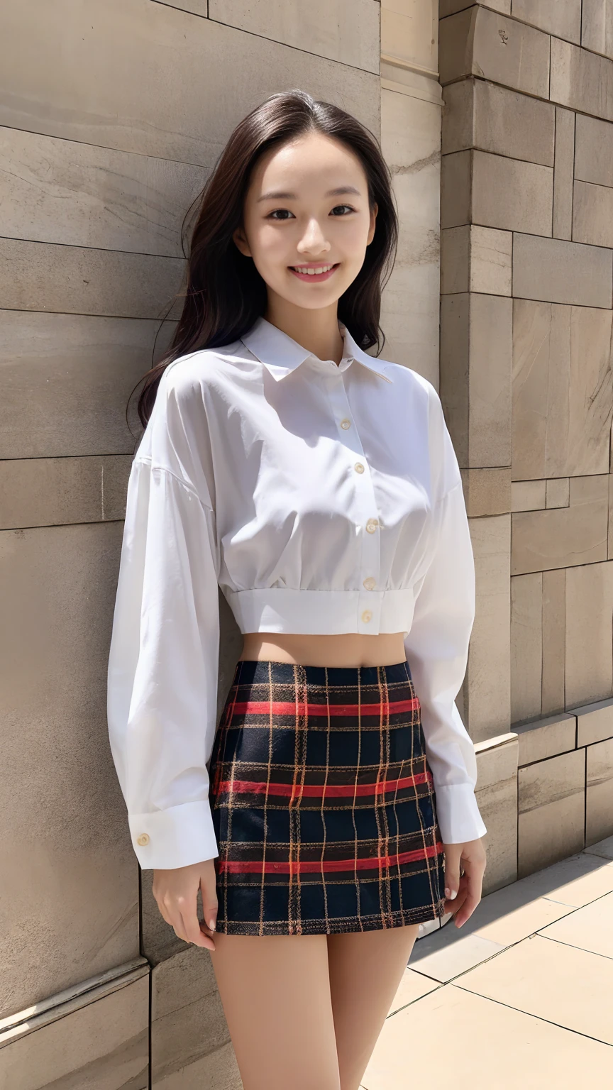 Tartan check micro mini skirt、Burberry style、Oversized shirt、adult、Summer clothes、Low-rise skirt、Summer sunshine、Beautiful pubic bone、Highest quality、Realistic photos、Gravure photoshoot、Professional Lighting、smile、Droopy eyes、Egg-shaped outline、8Head to Body、Belly button
