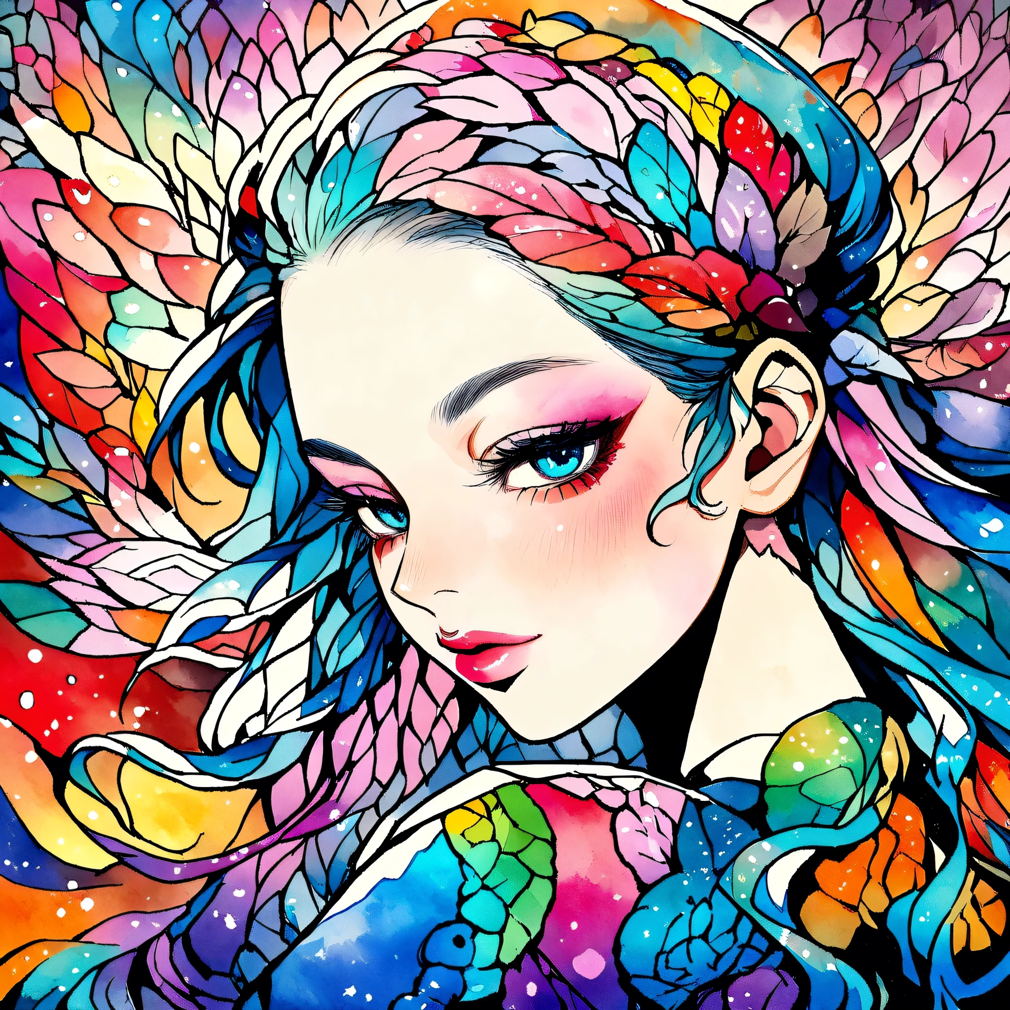 Mai Yoneyama Style、(((stylish fashion))), 8K Quality、Intense watercolor, Detailed watercolor art, Watercolor splash, Surreal, avant-garde pop art, Beautiful and expressive paintings, Beautiful artwork illustration, Very colorful tones, wonderful, Cool beauty, highest quality、Official Art, Vector art, Stylish design, (((The most beautiful girl))), (((highest quality))), HDR, ((detailed)), (((Doodle Art)), ((masterpiece)), ((Super detailed)), (((Colorful flowers))),(((Stylish))), Lips in love