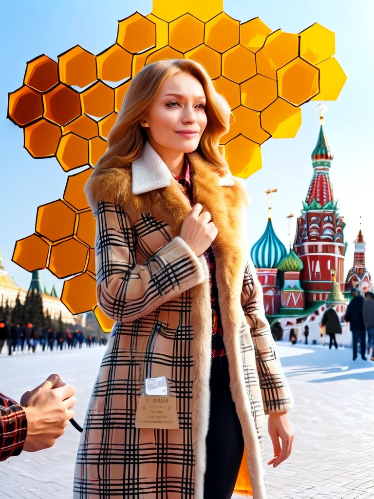1 Girl, plaid shirt, Fur coat, Kremlin background, outdoor, honeycomb,best quality, Ultra-high resolution, Reality,