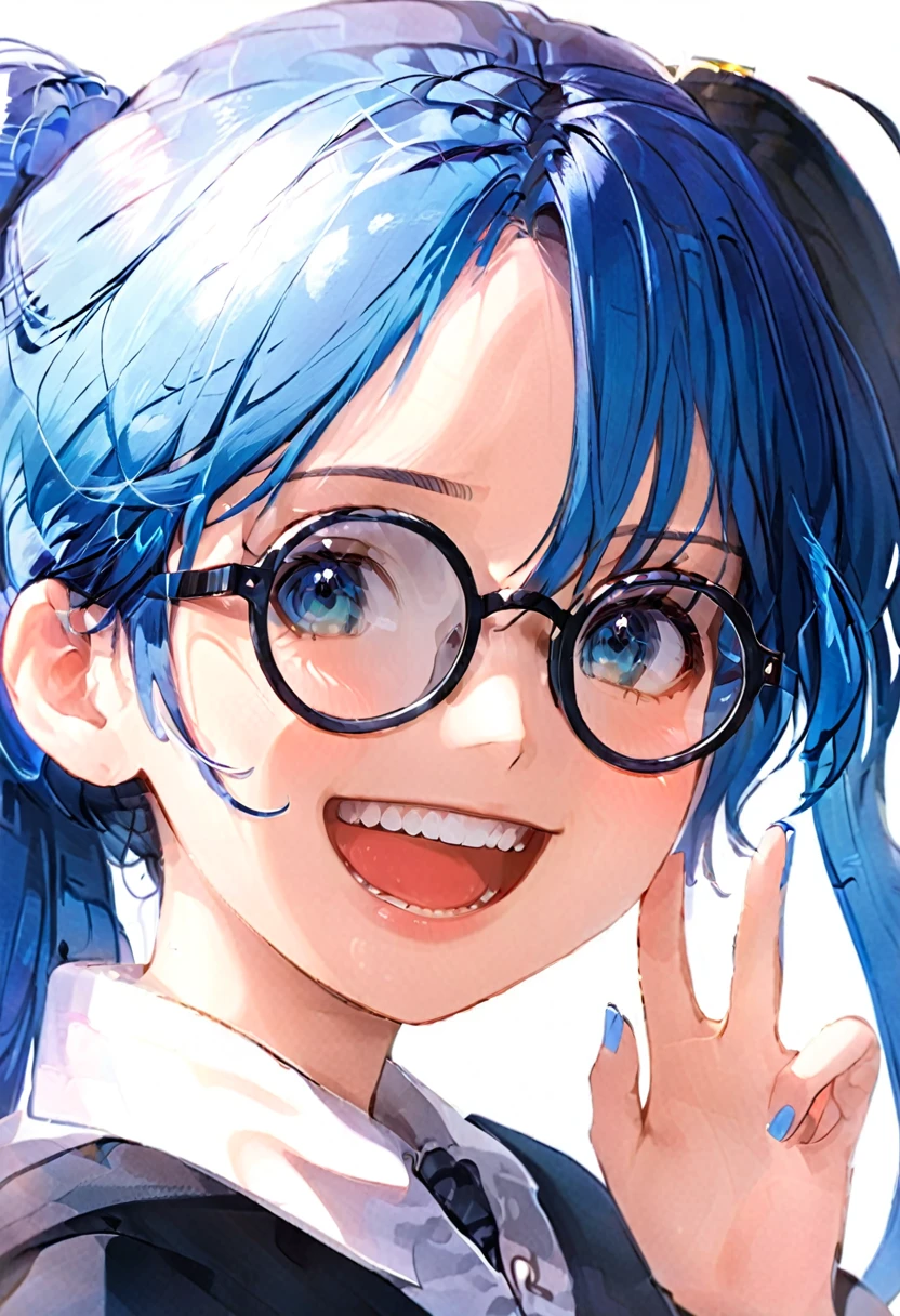 Blue Glasses　Light blue hair　girl　ponytail　Laughter　Middle school students　Mostly faces　　Face close-up　Highest quality　傑作 Blue Glasses　Blue Glasses